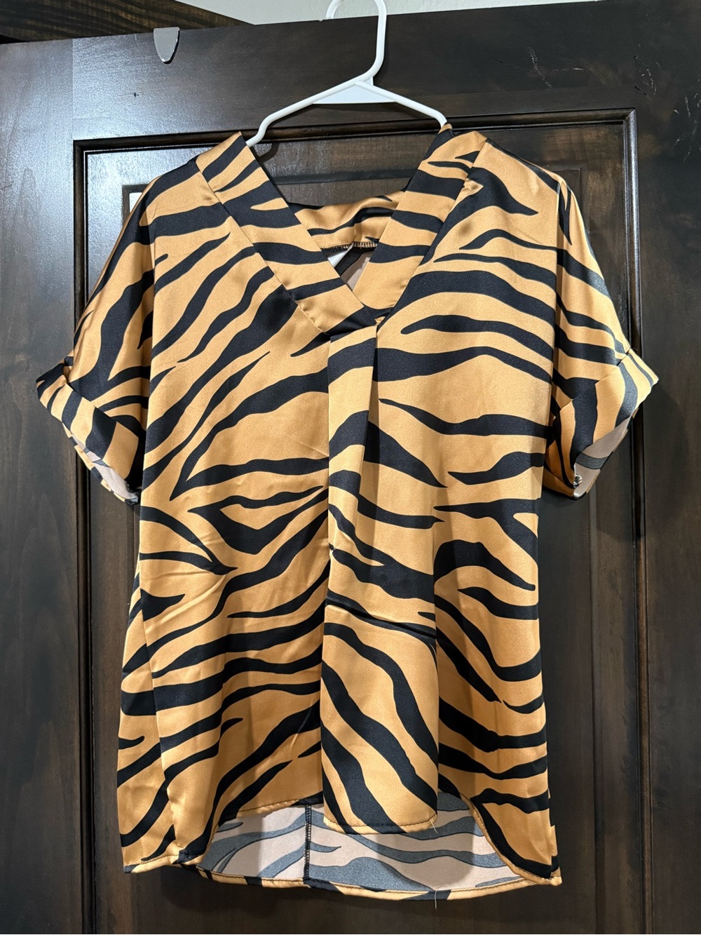 Womens Black & Tan Zebra Print V-Neck Top